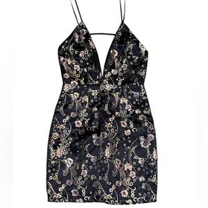 Millau LF Y2k Satin Asian Oriental Black GoldPink Floral Plunging neck NYE Dress